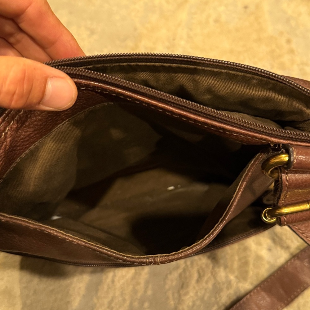 Fossil Morgan Traveler messenger bag brown pebbled leather with gold crossbody - Picture 7 of 14